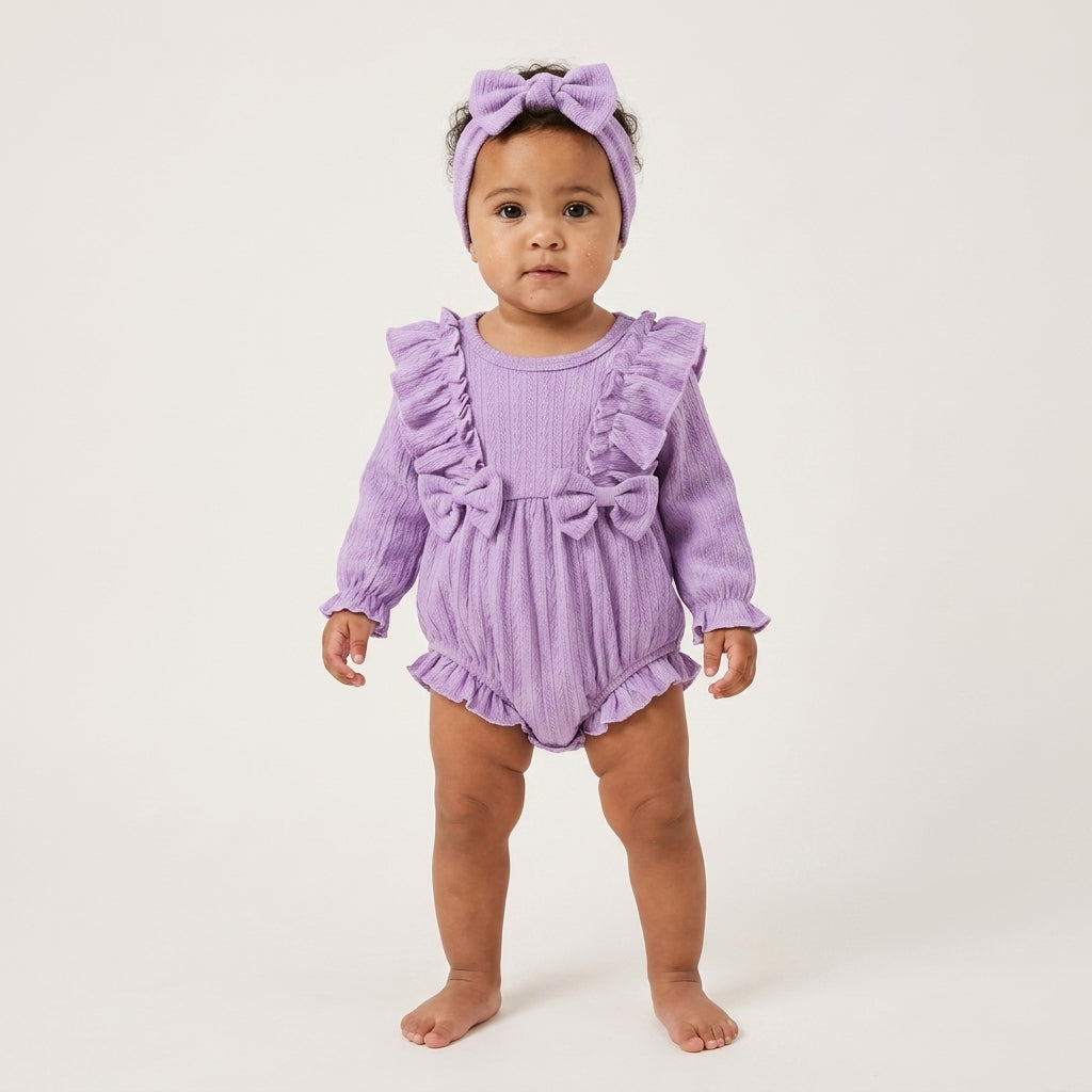 Lavender Ruffle Baby Girl Romper with Headband | Cotton Dress Set (0–3 Years) | Coryn & Kin