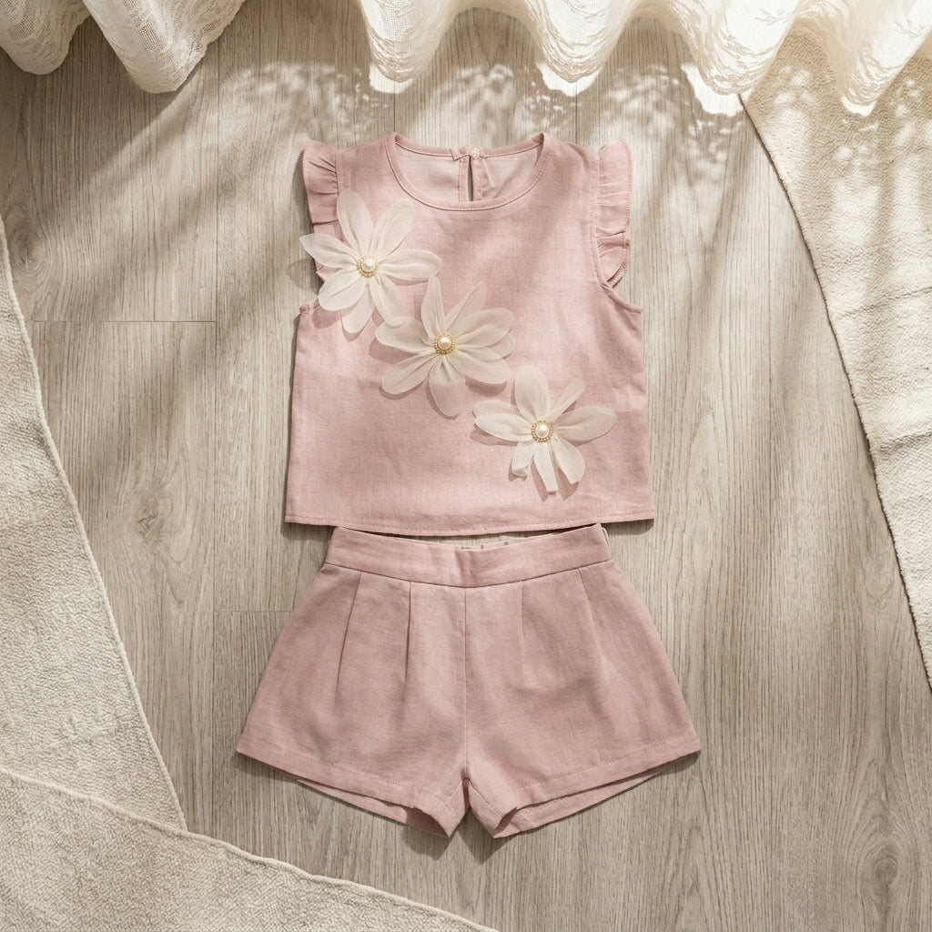Blush Pink Floral Baby Girl Top & Shorts Set | Elegant Cotton Outfit (0–3 Years) | Coryn & Kin