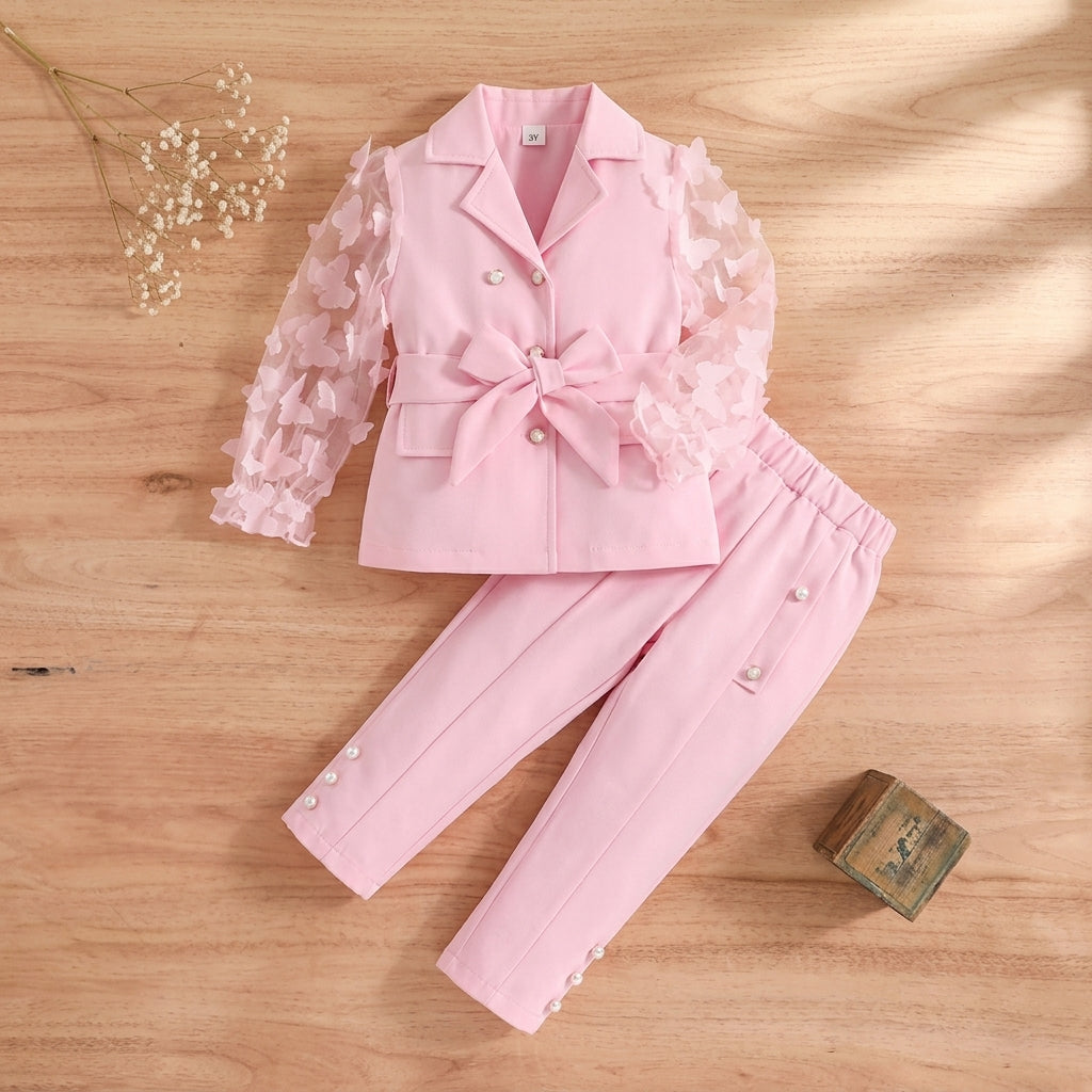 Elegant Girls' Blazer Set – Light Pink Formal Suit with Butterfly Sleeves.
