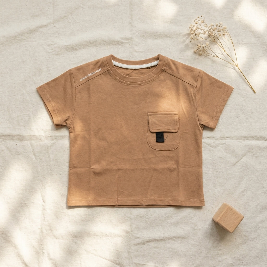 Brown Pocket Boys Cotton T-Shirt | Minimal Summer Tee (1–5 Years) | Coryn & Kin