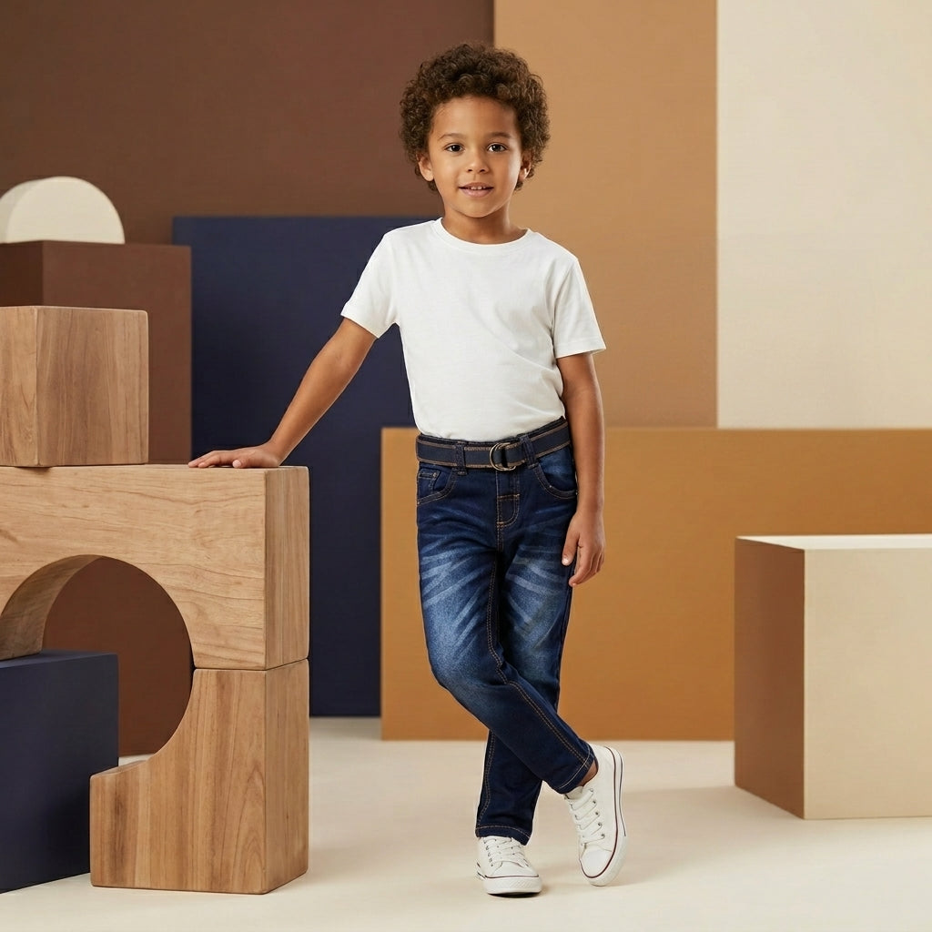 Boys Dark Wash Denim Jeans with Belt | Stylish Stretchable Kids Jeans | Coryn & Kin
