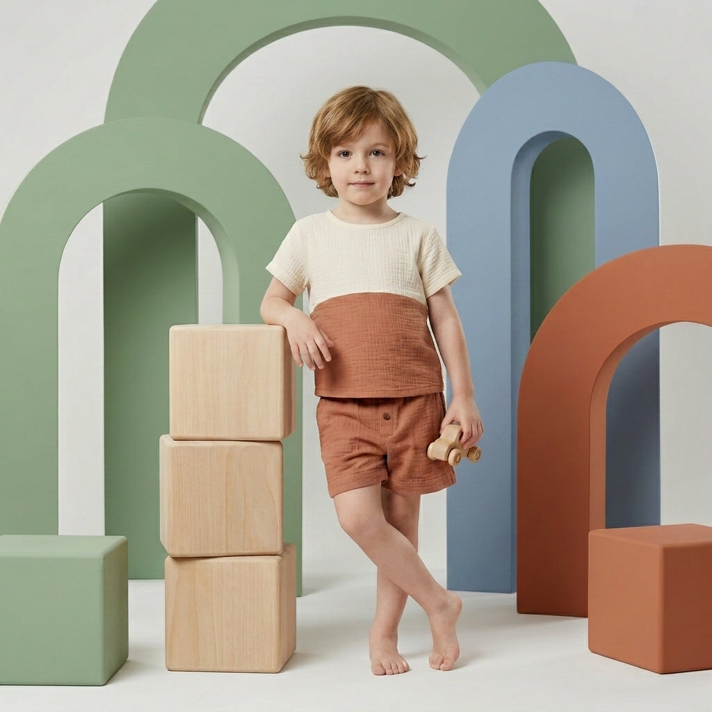 Boys Cotton Muslin Co-ord Set | Beige & Rust Summer Outfit (1–5 Years) | Coryn & Kin