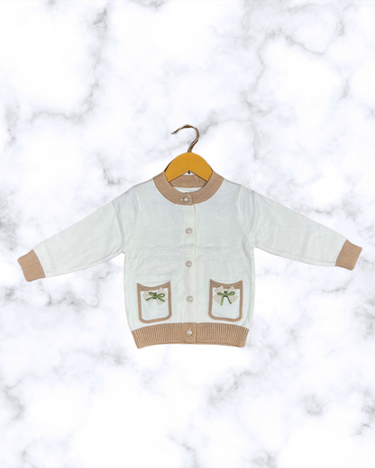 Classic Pearl Button Cardigan with Bow Pocket Detailing