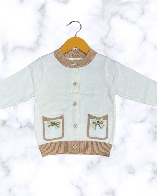 Classic Pearl Button Cardigan with Bow Pocket Detailing