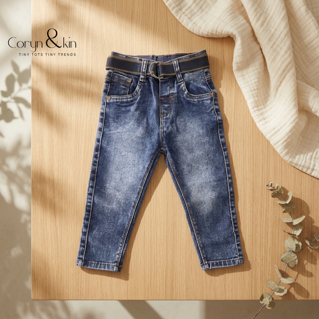 Boys Dark Blue Slim Fit Denim Jeans with Belt | Stylish Kids Stretchable Jeans-787