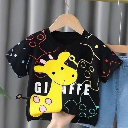 Giraffe Adventure Boys' T-Shirt & Denim Shorts Set.
