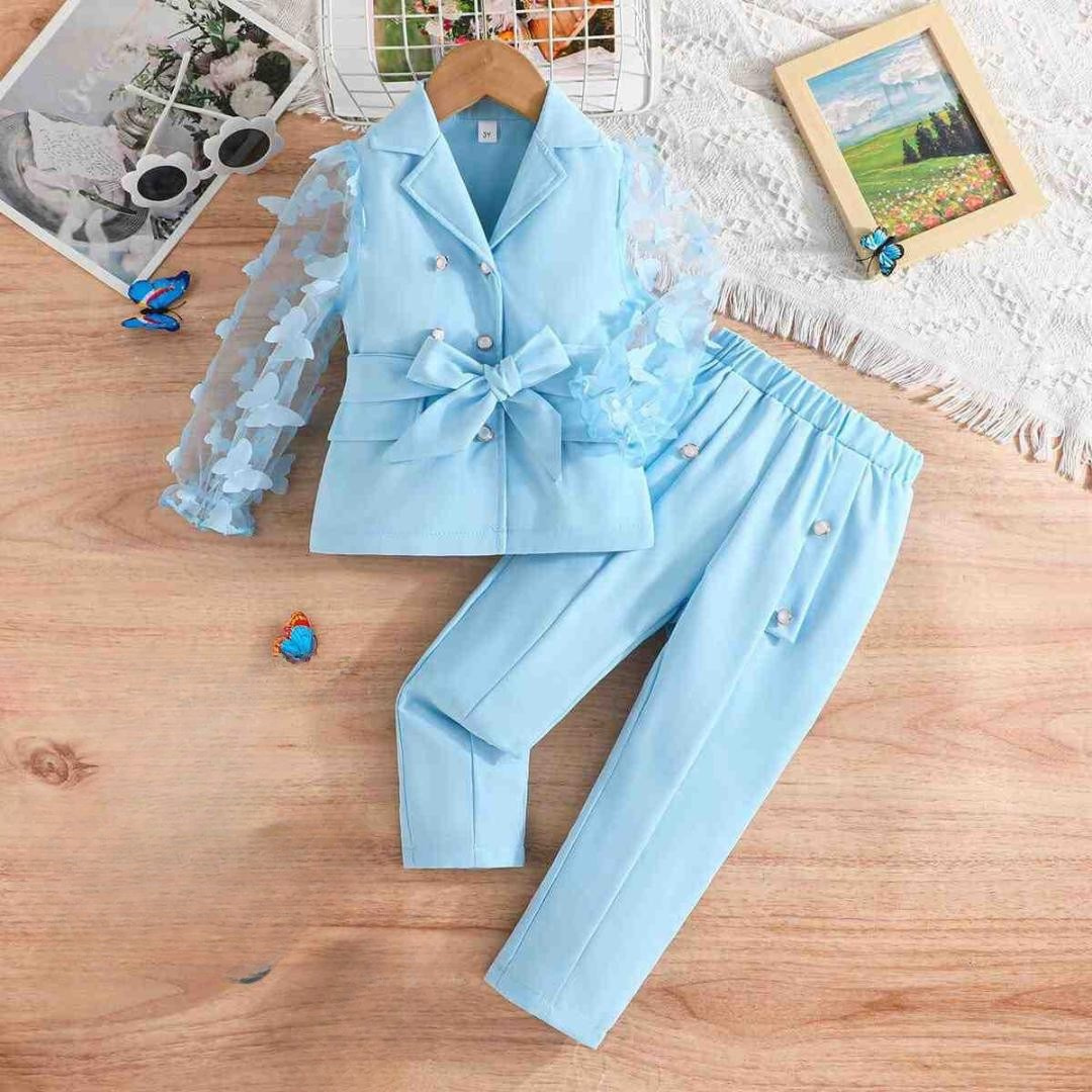 Elegant Girls' Blazer Set – Light Blue Formal Suit with Butterfly Sleeves.