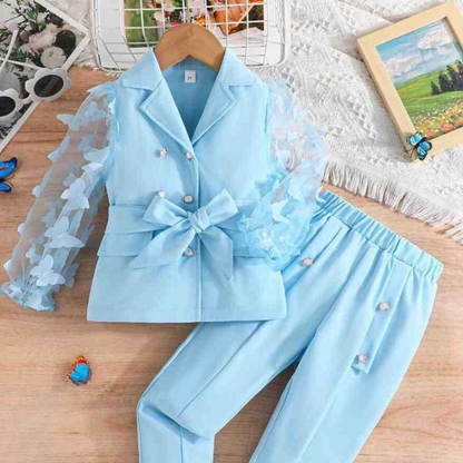 Elegant Girls' Blazer Set – Light Blue Formal Suit with Butterfly Sleeves.