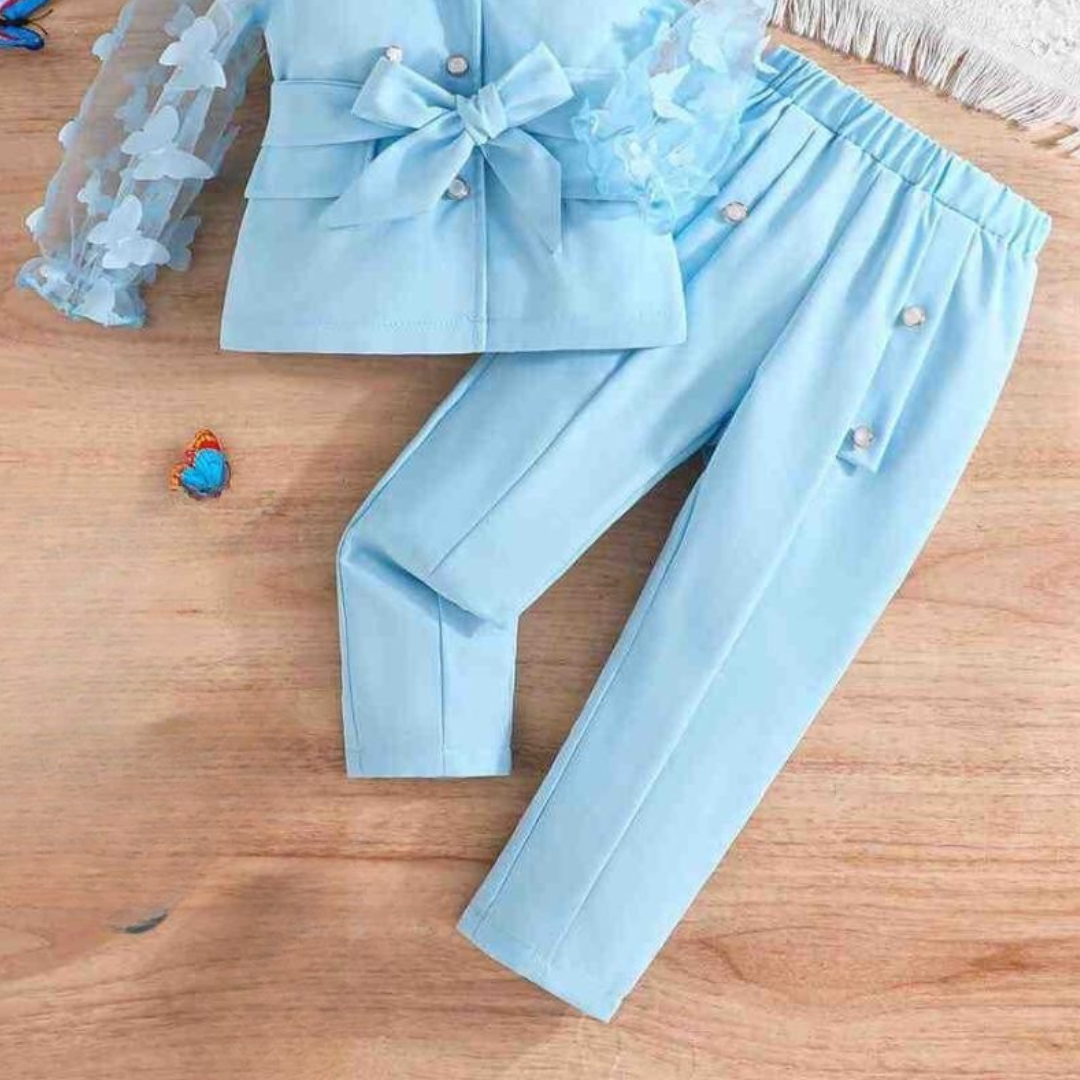 Elegant Girls' Blazer Set – Light Blue Formal Suit with Butterfly Sleeves.