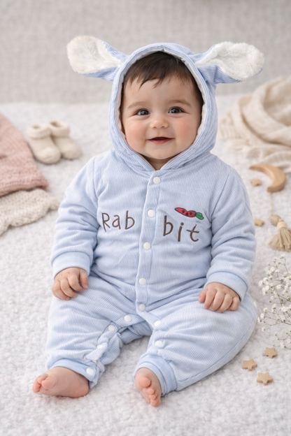 Sky Blue Hooded Winter Baby Romper | Warm Cotton Full-Sleeve Newborn Snowsuit