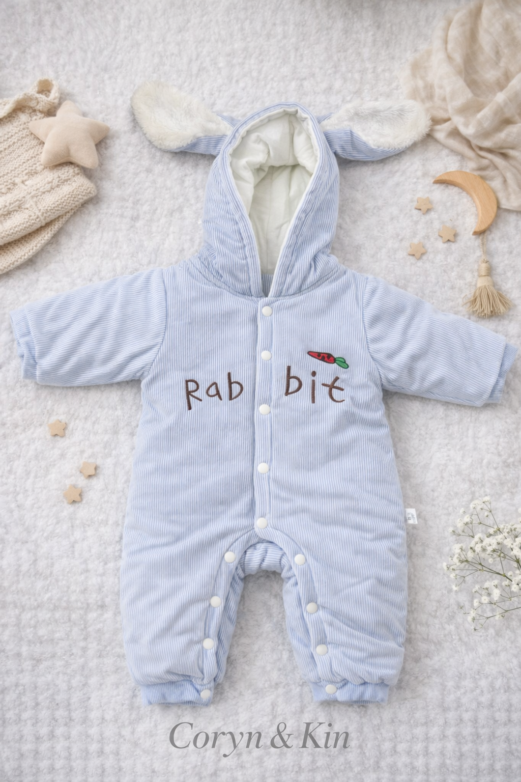 Sky Blue Hooded Winter Baby Romper | Warm Cotton Full-Sleeve Newborn Snowsuit