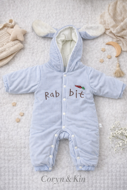 Sky Blue Hooded Winter Baby Romper | Warm Cotton Full-Sleeve Newborn Snowsuit