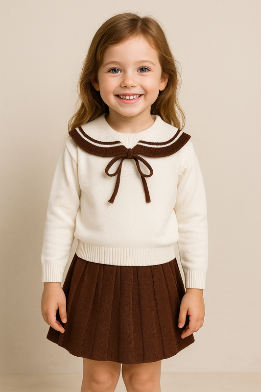 White & Coffee Sailor Sweater Knit Skirt Set