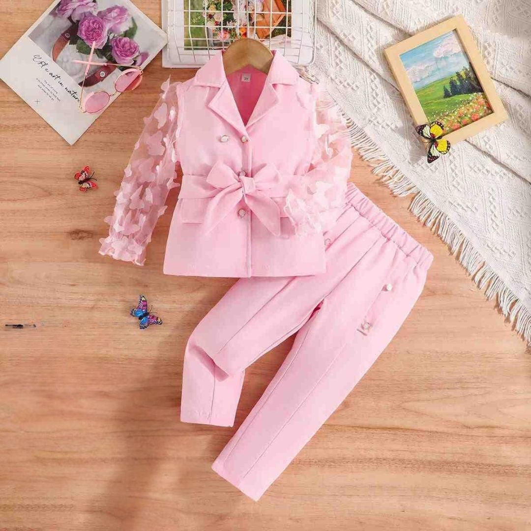 Elegant Girls' Blazer Set – Light Pink Formal Suit with Butterfly Sleeves.
