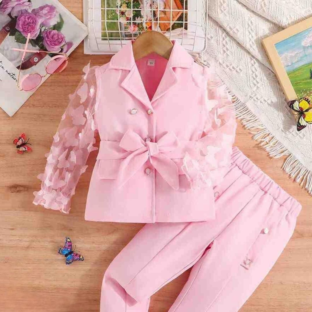 Elegant Girls' Blazer Set – Light Pink Formal Suit with Butterfly Sleeves.