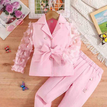 Elegant Girls' Blazer Set – Light Pink Formal Suit with Butterfly Sleeves.