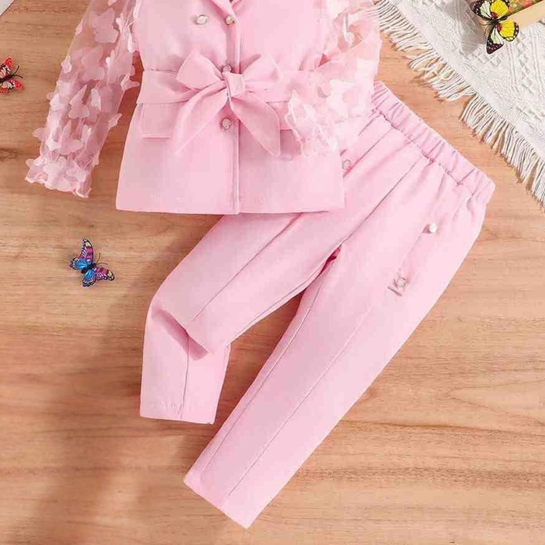 Elegant Girls' Blazer Set – Light Pink Formal Suit with Butterfly Sleeves.