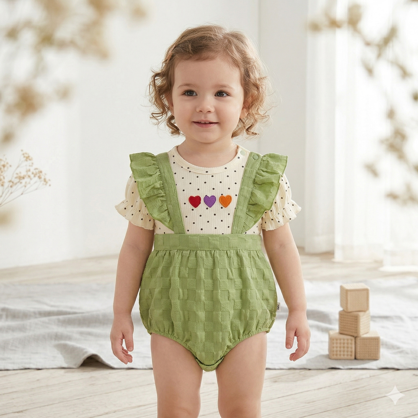 Green Suspender Baby Romper Set with Polka Dot T-Shirt | Cotton Outfit (0–3 Years) | Coryn & Kin