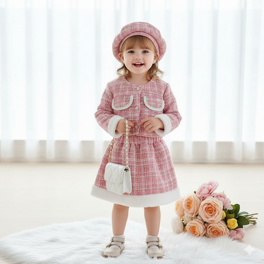 Luxe Tweed Winter Set – 3-Piece Ensemble (Pink & White)