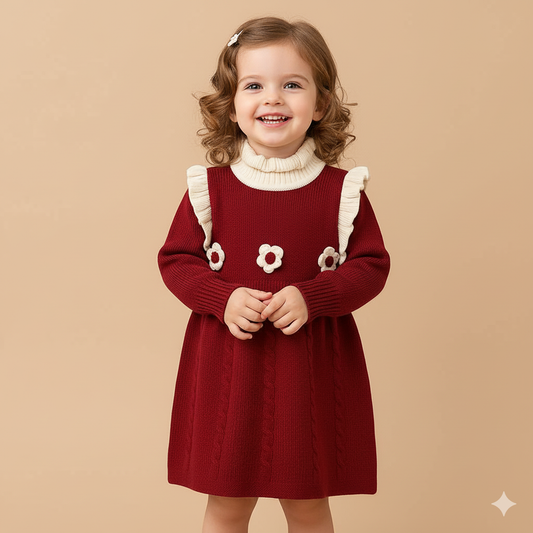 Winter Knit Ruffle Frock Dress – Cherry Red & Cream