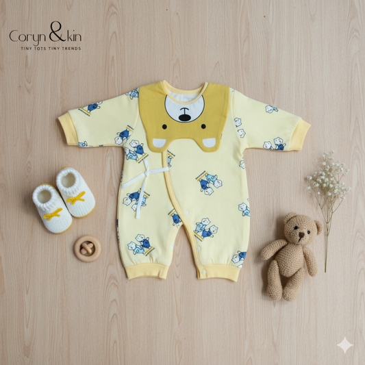 Baby Romper with Adorable Animal Print & Matching Bib.