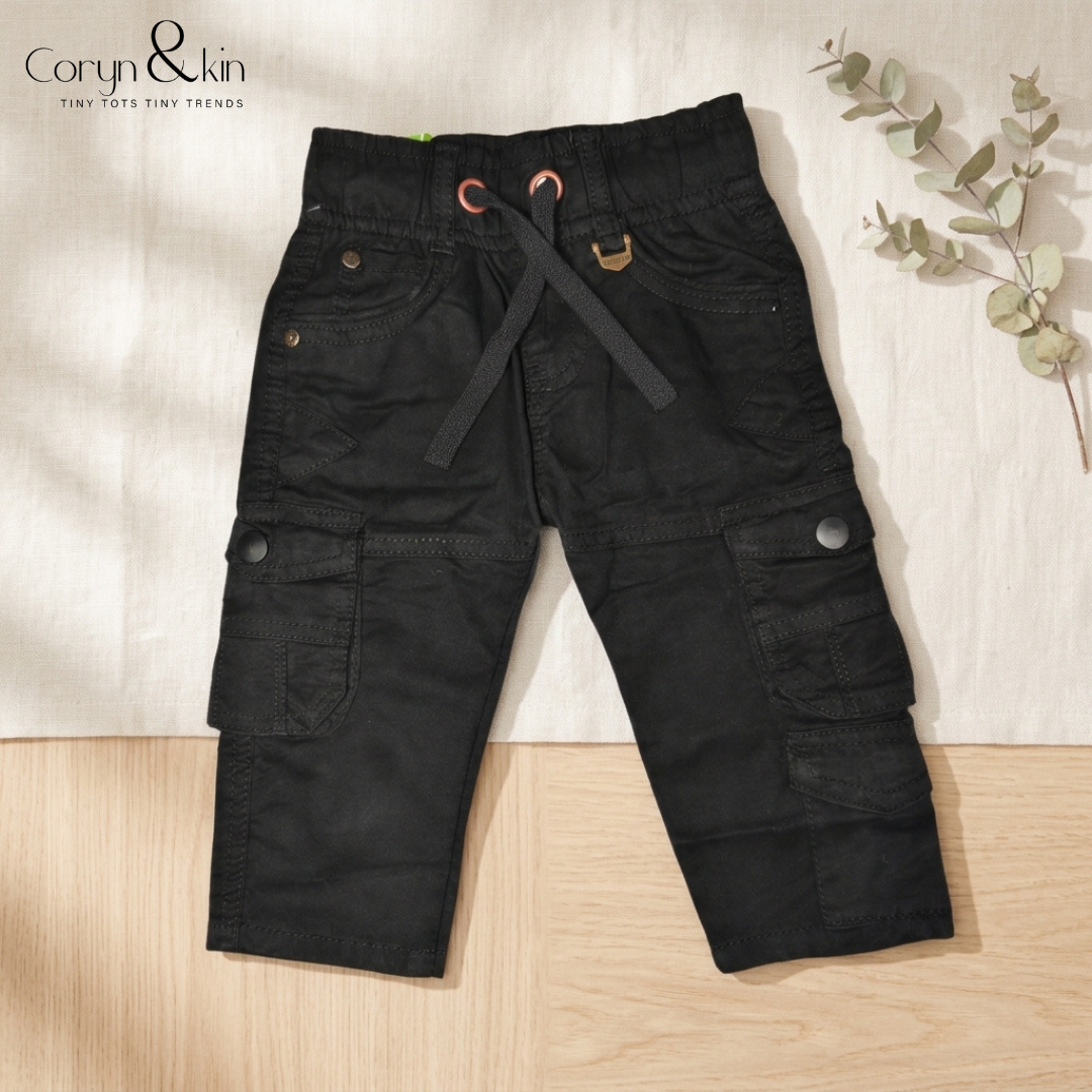 Boys Black Cargo Pants | Premium Cotton Multi-Pocket Casual Cargo Trousers for Boys