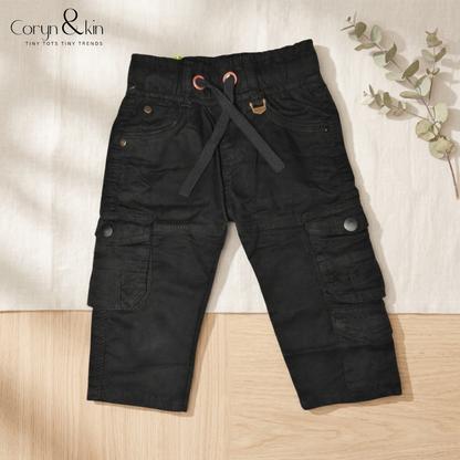Boys Black Cargo Pants | Premium Cotton Multi-Pocket Casual Cargo Trousers for Boys