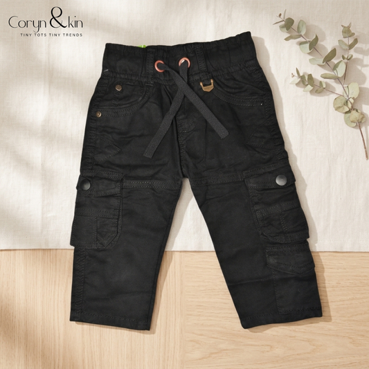 Boys Black Cargo Pants | Premium Cotton Multi-Pocket Casual Cargo Trousers for Boys