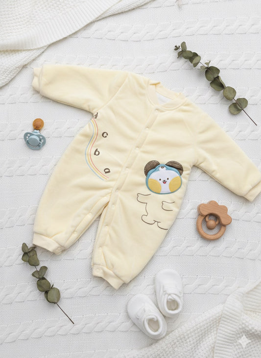 Yellow Fleece-Lined Baby Romper with Cute Puppy Appliqué | Cozy Winter Wear | Coryn & Kin