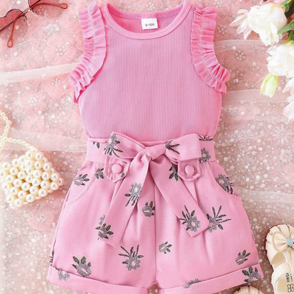 Elegant Pink Floral Girls' Top & Shorts Set – Stylish Summer Outfit for Baby & Toddler Girls