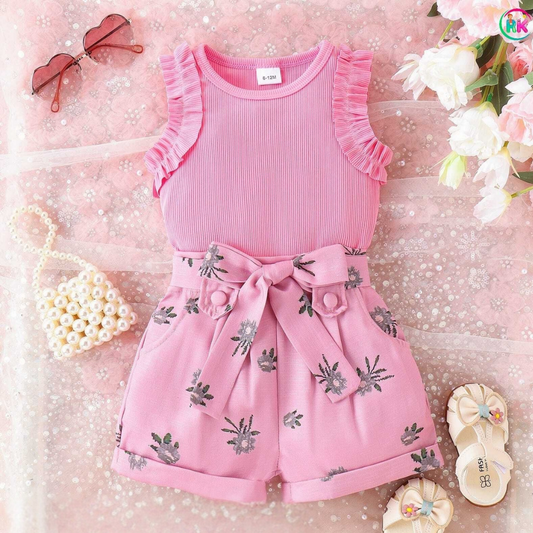 Elegant Pink Floral Girls' Top & Shorts Set – Stylish Summer Outfit for Baby & Toddler Girls