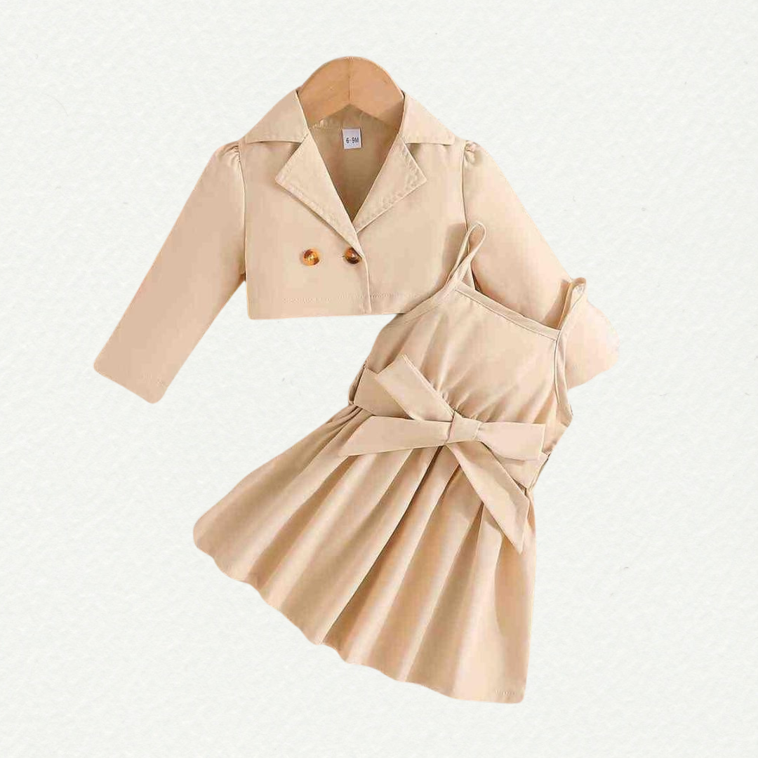 Chic Beige Trench Dress Set for Girls