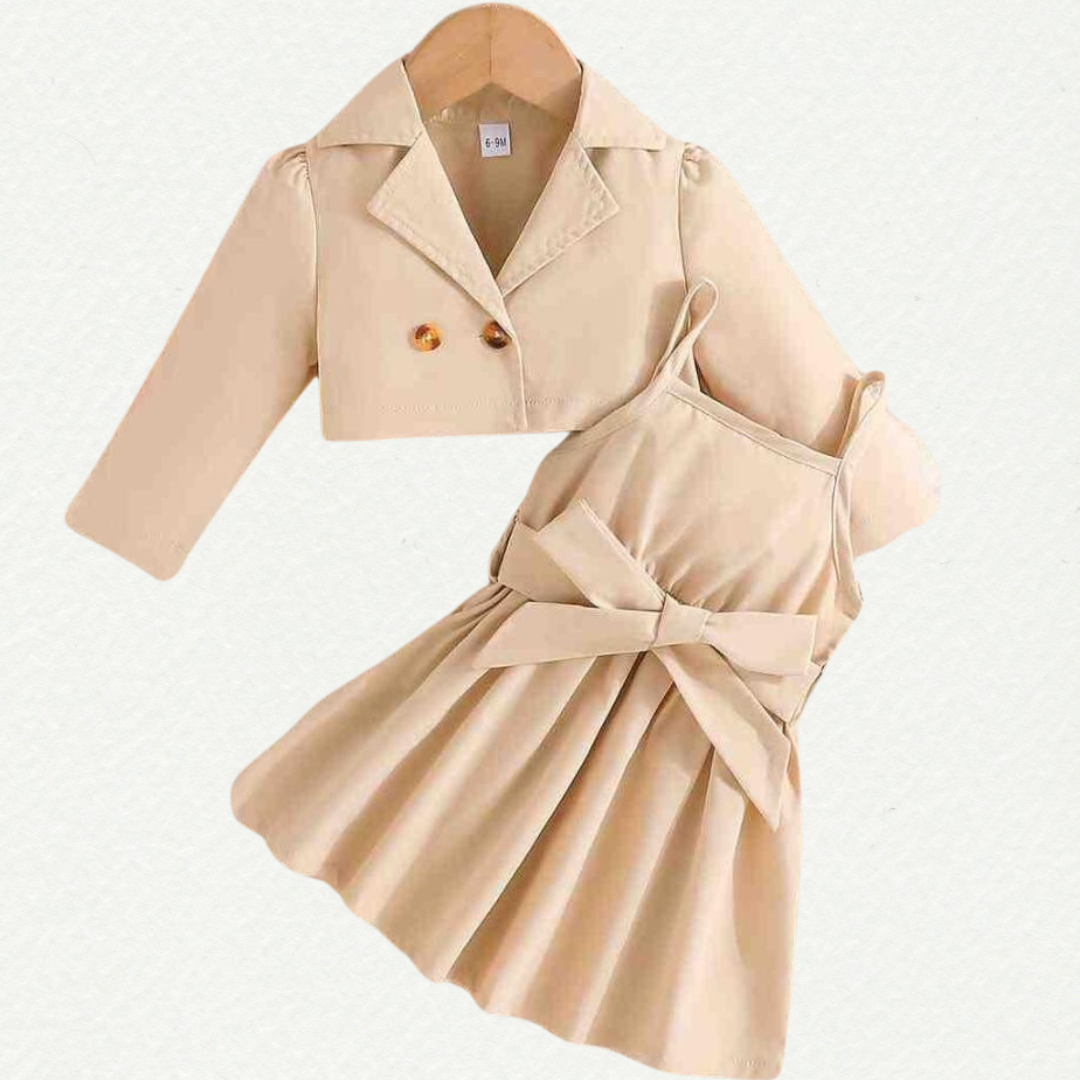 Chic Beige Trench Dress Set for Girls