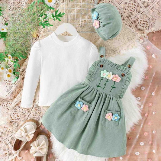 Chic Floral Corduroy Two-Piece Set with Beret - Toddler & Little Girl