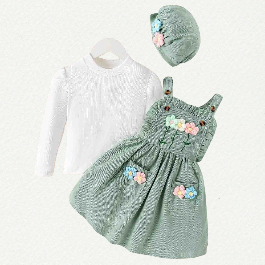Chic Floral Corduroy Two-Piece Set with Beret - Toddler & Little Girl