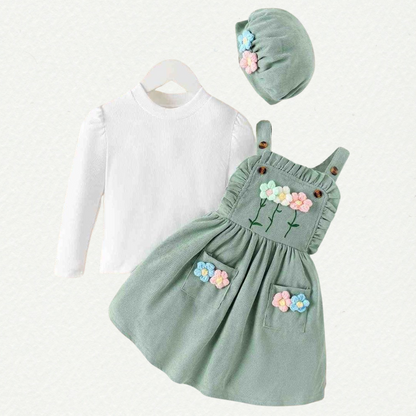 Chic Floral Corduroy Two-Piece Set with Beret - Toddler & Little Girl
