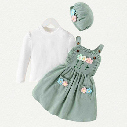 Chic Floral Corduroy Two-Piece Set with Beret - Toddler & Little Girl