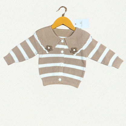 Chic Striped Knit Cardigan – White and Purple.