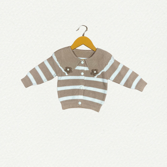 Chic Striped Knit Cardigan – White and Purple.