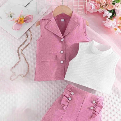 Trendy Pink Blazer Shorts Set for Girls | 3-Piece Sleeveless Outfit for 3–7 Years