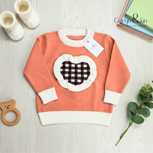 Peach Knit Heart Appliqué Sweater for Girls | Soft Winter Wear | Coryn & Kin