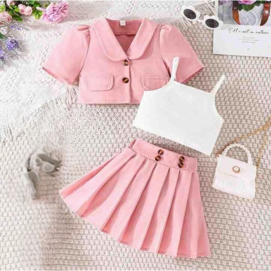 Chic Pink Blazer & Skirt Set for Girls (3–7 Years)