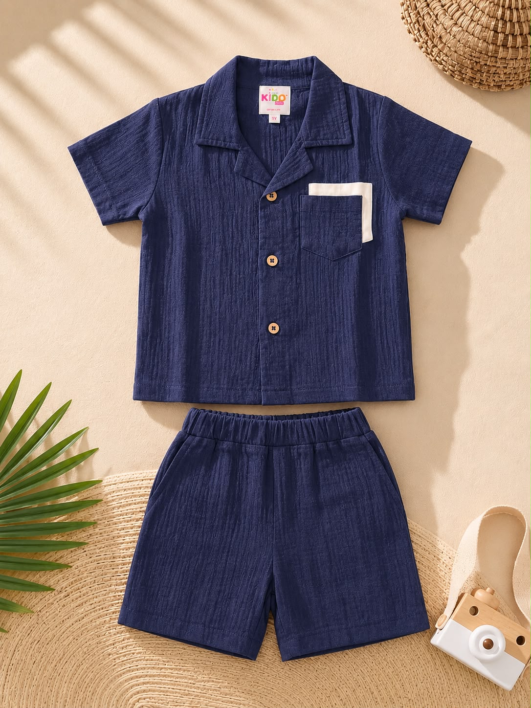 Boys Premium Navy Blue Muslin Co-Ord Set | Soft Cotton Muslin Shirt & Shorts Set for Boys
