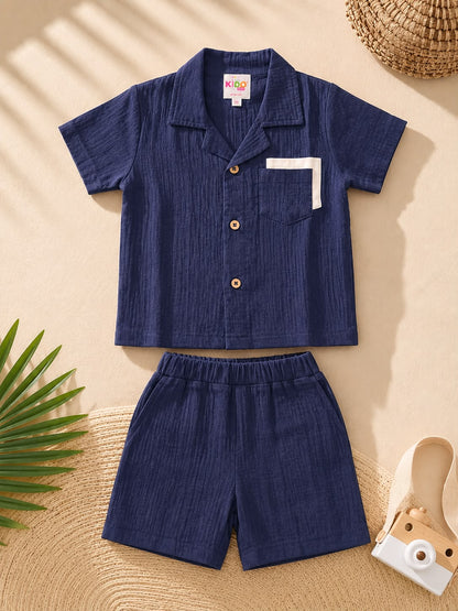 Boys Premium Navy Blue Muslin Co-Ord Set | Soft Cotton Muslin Shirt & Shorts Set for Boys