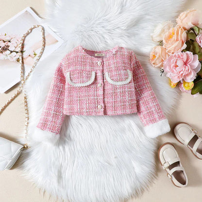 Luxe Tweed Winter Set – 3-Piece Ensemble (Pink & White)