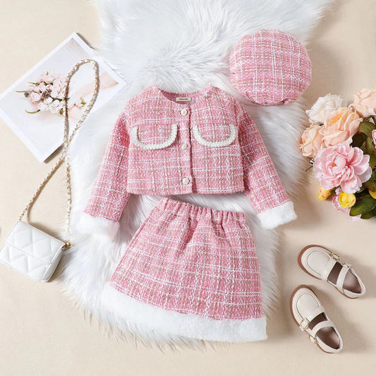Luxe Tweed Winter Set – 3-Piece Ensemble (Pink & White)