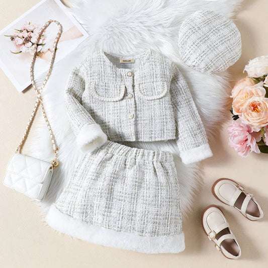 White Tweed Crop Dress with Affluent Cap – Elegant Winter Ensemble