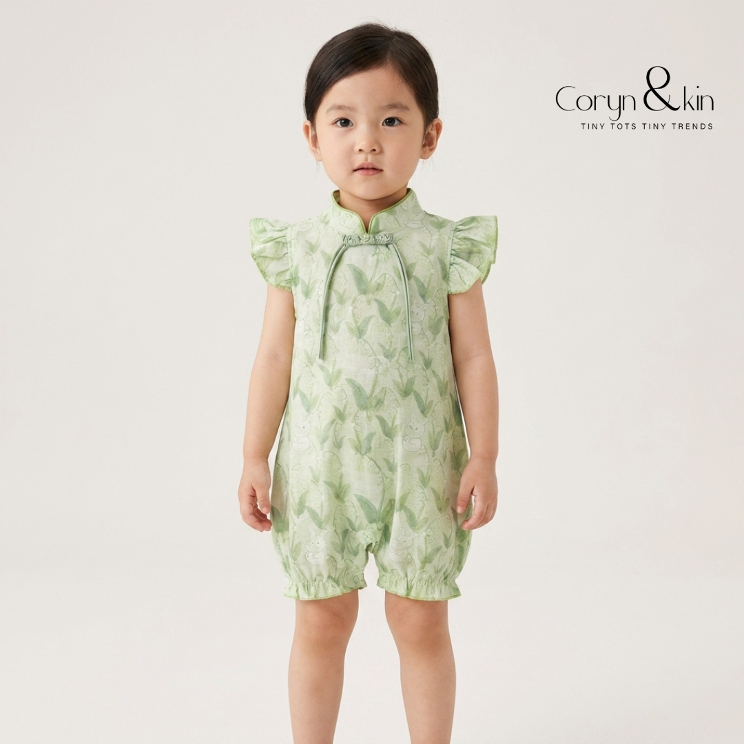 Green Floral Baby Girl Romper Dress | Soft Cotton Outfit (0–3 Years) | Coryn & Kin