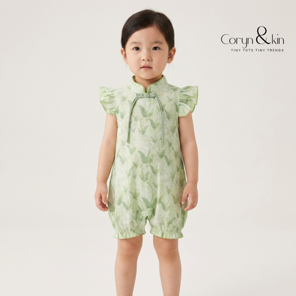 Green Floral Baby Girl Romper Dress | Soft Cotton Outfit (0–3 Years) | Coryn & Kin