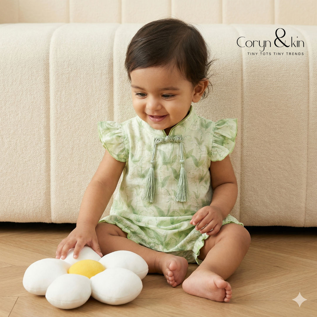 Green Floral Baby Girl Romper Dress | Soft Cotton Outfit (0–3 Years) | Coryn & Kin